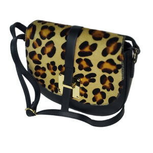 Charlie Leather Mack Black & Leopard Small Half Moon Crossbody/Shoulder Bag-NWT